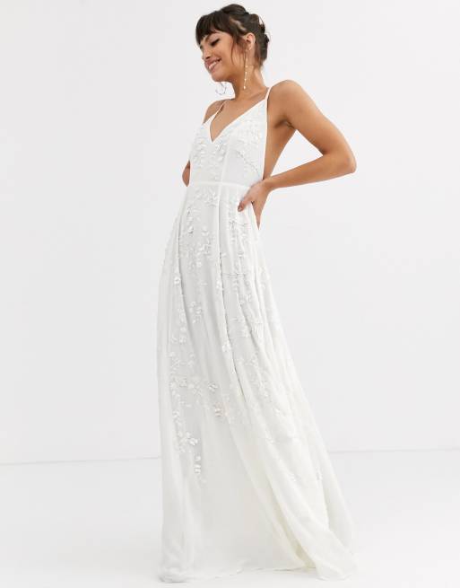 Vestido de novia blanco de tirantes con adornos de cuentas y lentejuelas de ASOS DESIGN