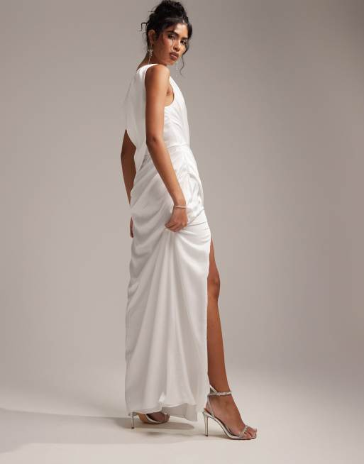 Vestido de novia color marfil asimetrico y drapeado de saten de ASOS DESIGN