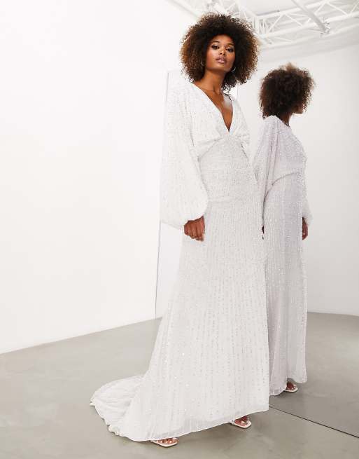 Vestido de novia color marfil con mangas blusón de lentejuelas Lennox de ASOS DESIGN