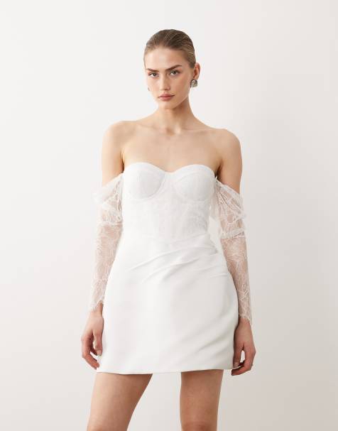 Vestido de novia corto blanco con hombros caídos y mangas de encaje de Six Stories - view 1