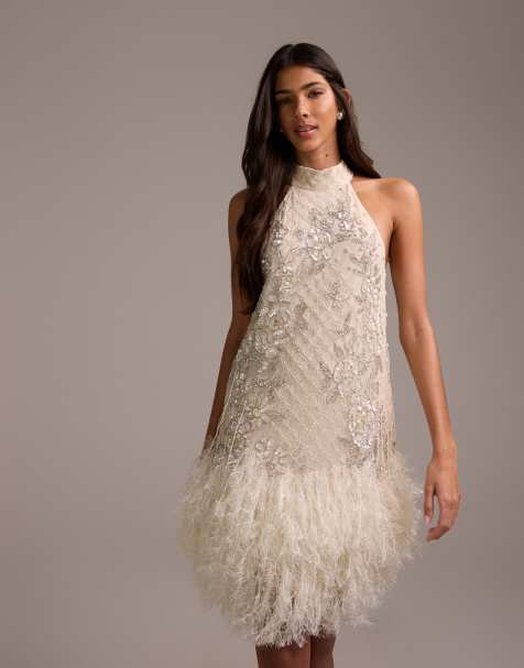 Vestido de novia corto blanco marfil con cuello halter, diseño floral con abalorios y flecos en el bajo de ASOS DESIGN - view 1