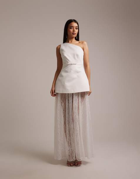 Vestido de novia largo blanco asimétrico de satén y encaje de Six Stories - view 1