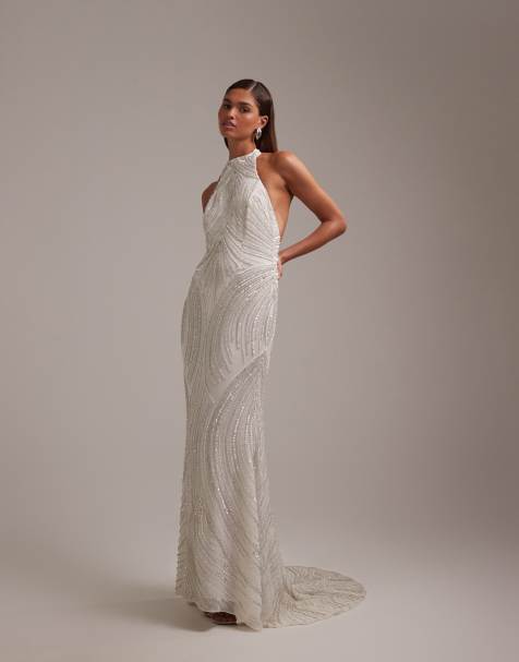 Vestido de novia largo blanco con cuello halter, espalda descubierta y diseño lineal de cuentas de ASOS DESIGN - view 1