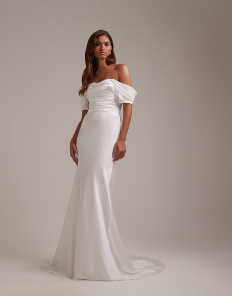 Vestido de novia largo blanco drapeado con escote Bardot drapeado de satén de ASOS DESIGN - view 1