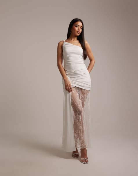 Vestido de novia largo blanco marfil asimétrico con bajo fruncido de encaje de Forever New - view 1