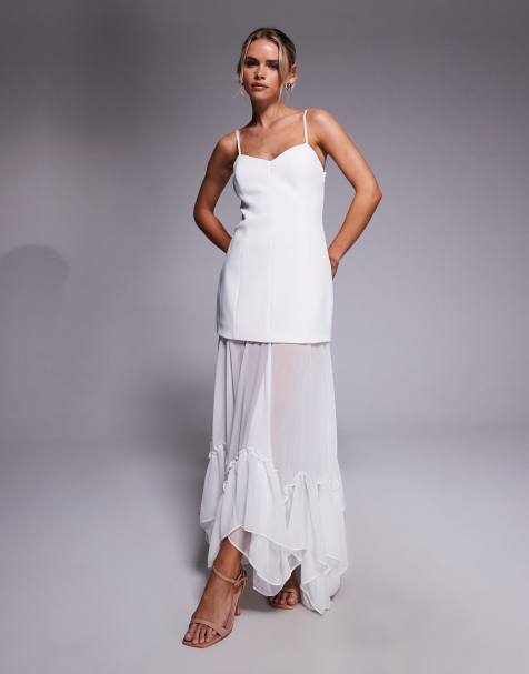 Vestido de novia largo blanco marfil de tirantes con bajo transparente de picos de Forever New Petite - view 1