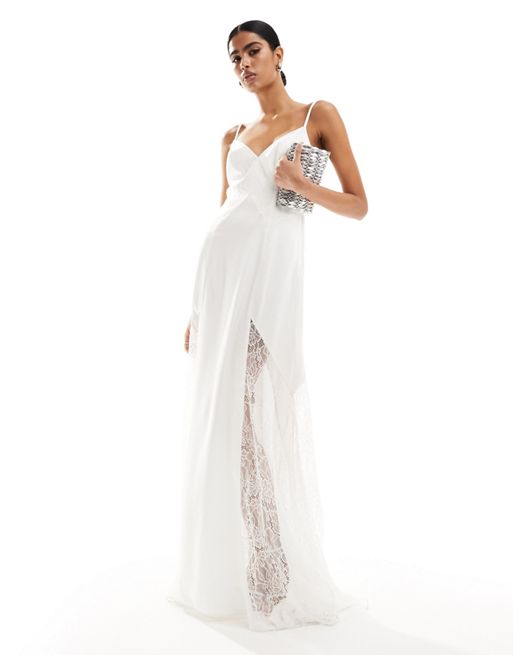 Vestido de novia largo blanco marfil entallado con inserto de encaje de Forever New