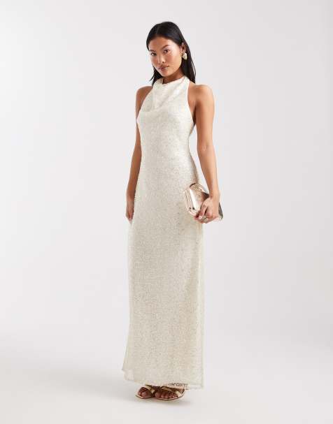 Vestido de novia largo color crema con cuello halter de lentejuelas de Forever New Petite - view 1