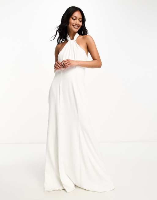 Vestido de novia largo color marfil con cuello halter de satén de Little Mistress 