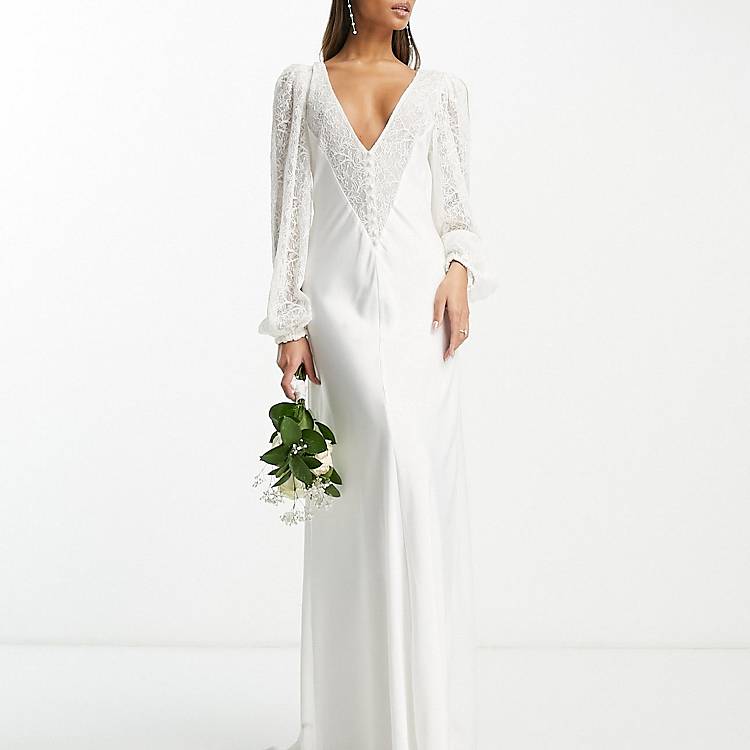 Vestido de novia largo color marfil con mangas amplias de encaje exclusivo  de Forever New | ASOS
