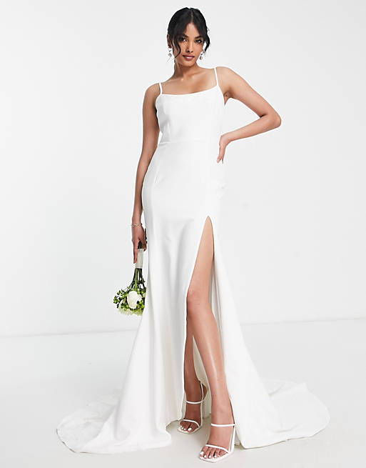 Vestido de novia largo color marfil de corte sirena con cuerpo estilo corsé  de True Violet | ASOS