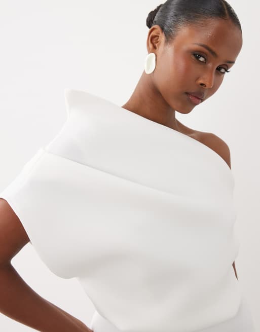 Vestido de novia midi blanco con cuello dramático de tejido efecto neopreno de ASOS DESIGN , 3 de 4