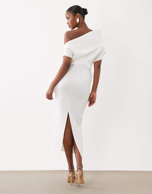 Vestido de novia midi blanco con cuello dramático de tejido efecto neopreno de ASOS DESIGN , 4 de 4