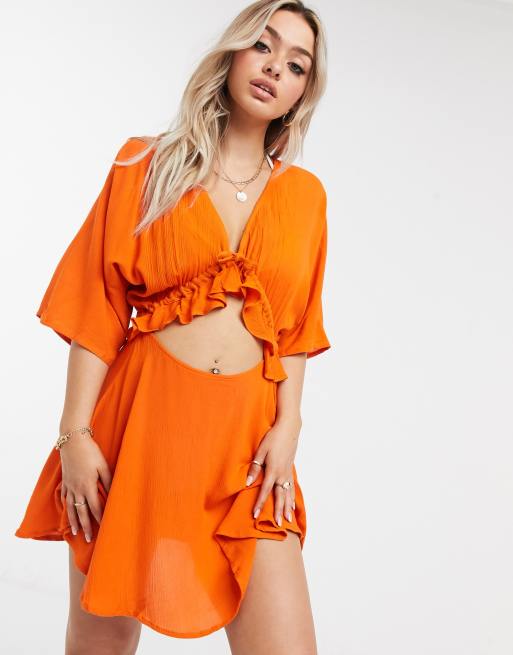 Vestido de playa con parte delantera acanalada en naranja quemado de ASOS DESIGN
