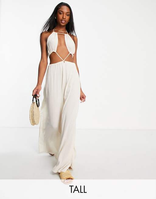 Vestido de playa largo beis con cuello halter y cintura cruzada de ASOS DESIGN Tall