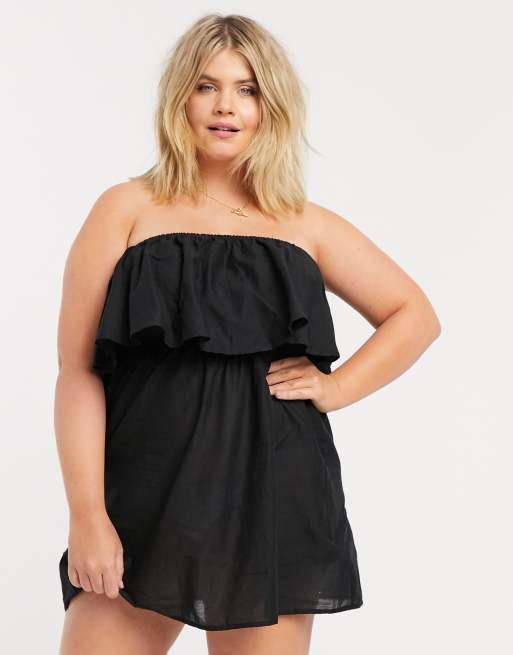 Vestido de playa negro con escote Bardot y volantes de Simply Be, 4 de 4