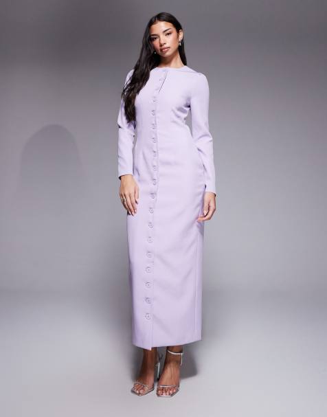 Vestido de sastre largo lila de manga larga con botones exclusivo de Kaiia - view 1