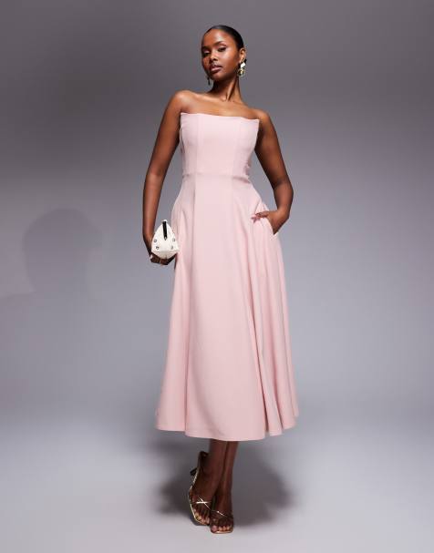Vestido de sastre midi rosa estructurado con escote palabra de honor de Rare London - view 1