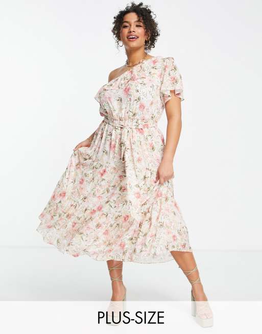 Vestido de tarde color rubor asimétrico con estampado floral y lazada en la cintura de Forever New Curve
