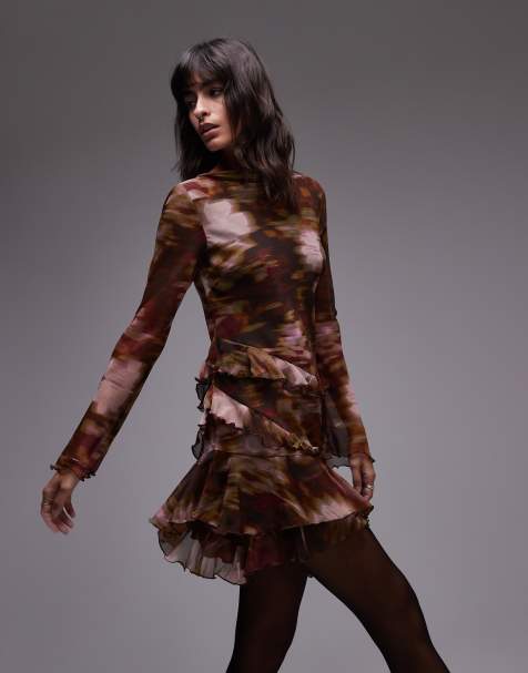 Vestido de tarde con estampado floral difuminado y volantes de Topshop - view 1