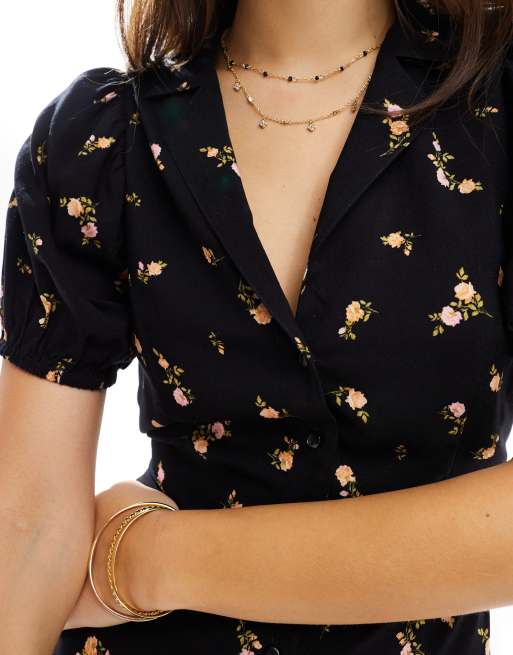 Vestido de tarde corto negro abotonado con estampado de florecitas de Miss Selfridge, 3 de 4