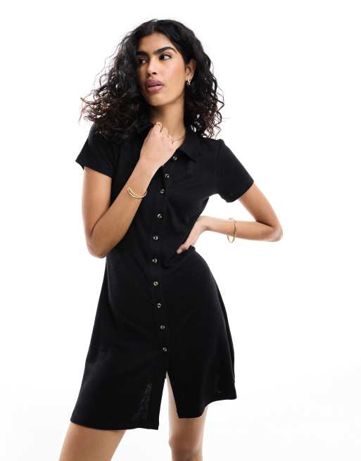 Vestido de tarde corto negro con botones delanteros y cuello de solapas de tejido efecto lino de ASOS DESIGN