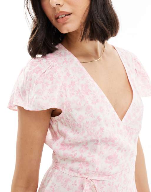 Vestido de tarde corto rosa cruzado con estampado floral de Miss Selfridge, 3 de 4