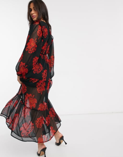 Vestido de tarde largo a capas con mangas tipo globo y llamativo estampado floral de Neon Rose, 2 de 4