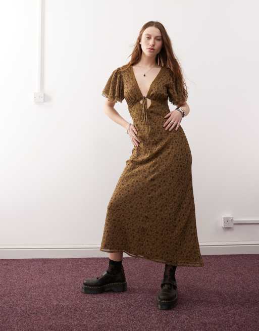 Vestido de tarde largo con estampado floral, abertura y ribetes de encaje de Reclaimed Vintage