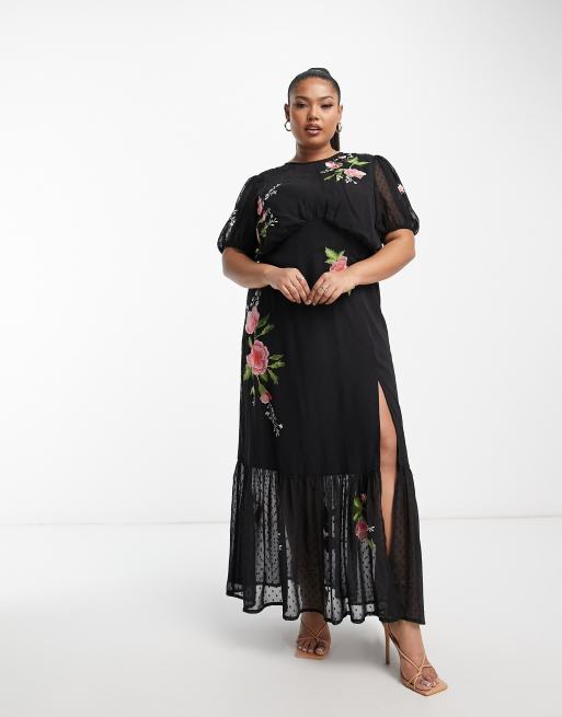 Vestido de tarde largo negro con bordados florales y mangas abullonadas de plumeti de chifón de ASOS DESIGN Curve
