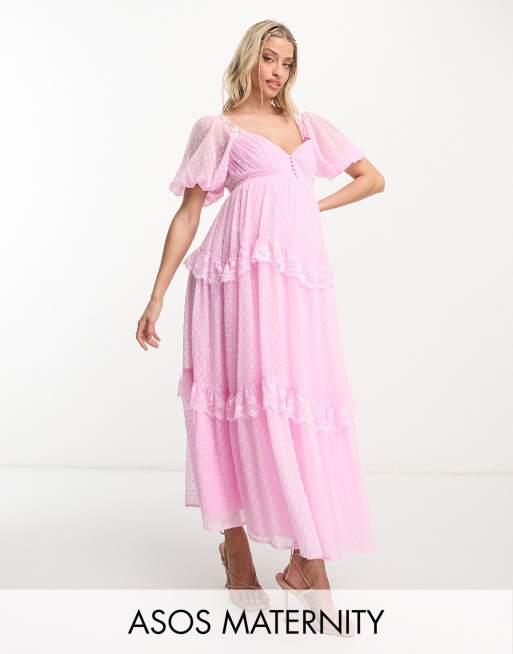 Vestido de tarde largo rosa claro de plumeti con espalda al aire y ribete de encaje de ASOS DESIGN Maternity