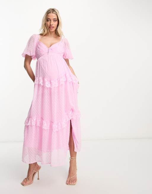 Vestido de tarde largo rosa claro de plumeti con espalda al aire y ribete de encaje de ASOS DESIGN Maternity, 3 de 4