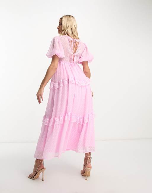 Vestido de tarde largo rosa claro de plumeti con espalda al aire y ribete de encaje de ASOS DESIGN Maternity, 4 de 4