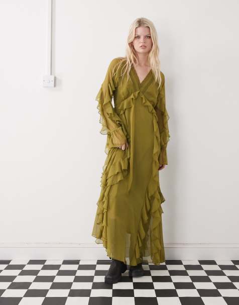 Vestido de tarde largo verde con volantes de chifón de Reclaimed Vintage - view 1