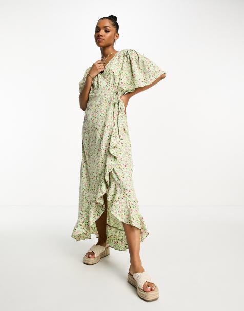 Vestido de tarde largo verde cruzado en la parte delantera con estampado floral de Vero Moda - view 1