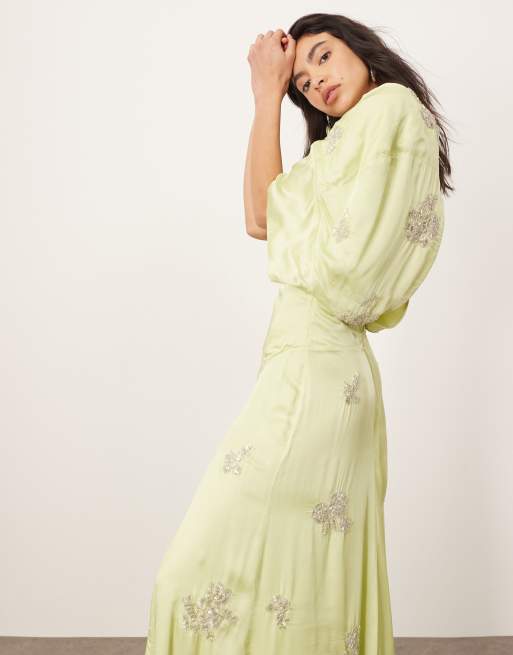 Vestido de tarde largo verde lima de estilo años 30 moderno con diseño floral de abalorios de ARRANGE, 2 de 4