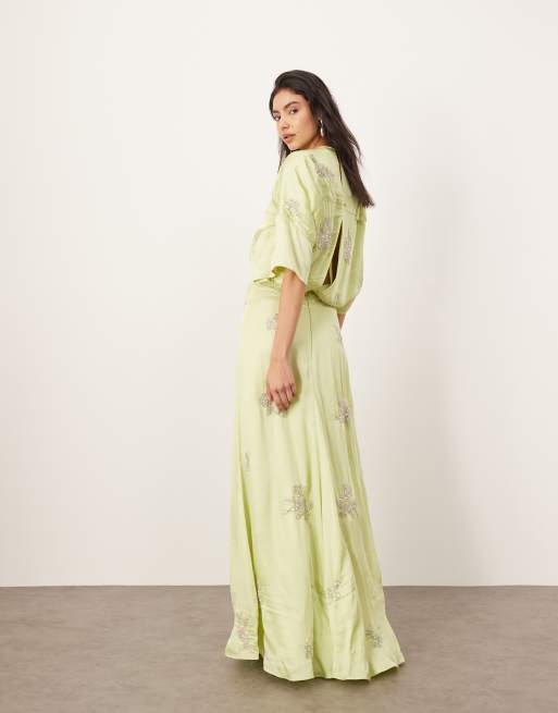 Vestido de tarde largo verde lima de estilo años 30 moderno con diseño floral de abalorios de ARRANGE, 3 de 4