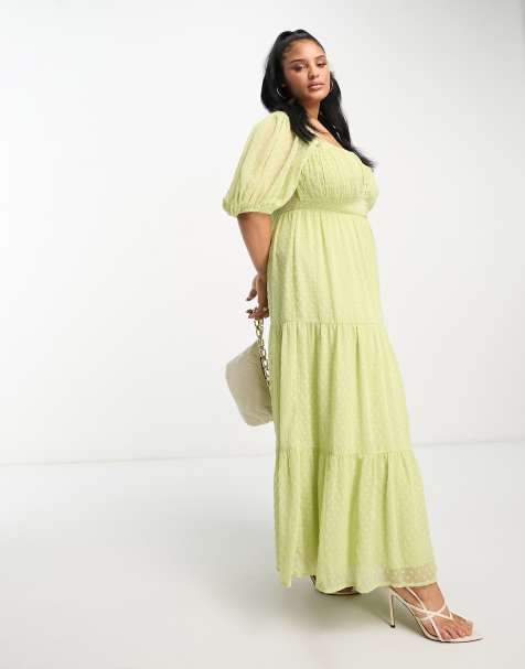 Vestido de tarde largo verde lima de plumeti con espalda abierta e insertos de encaje de ASOS DESIGN Curve - view 1