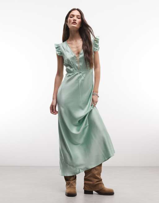 Vestido de tarde largo verde salvia con insertos de encaje y jaretas de Reclaimed Vintage