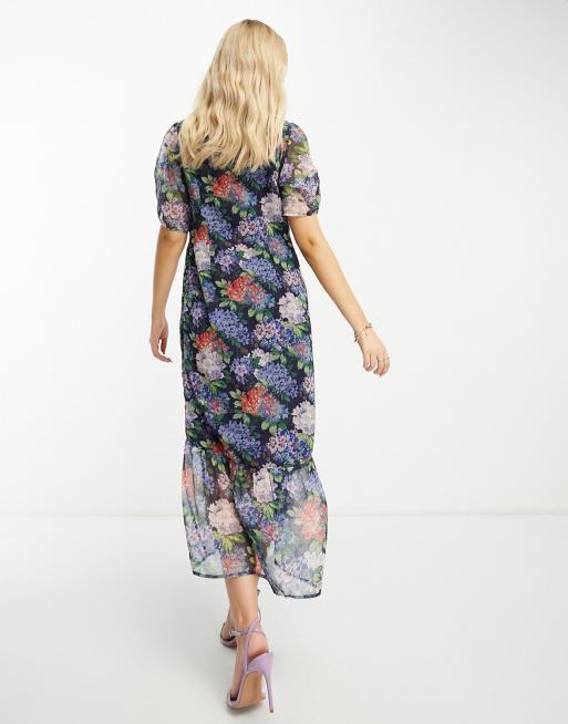 Vestido de tarde midi azul con estampado floral y mangas abullonadas de Hope & Ivy, 3 de 4