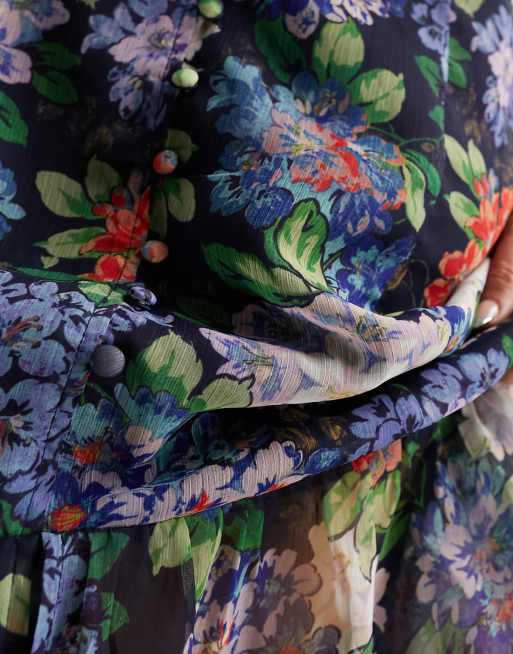 Vestido de tarde midi azul con estampado floral y mangas abullonadas de Hope & Ivy, 4 de 4