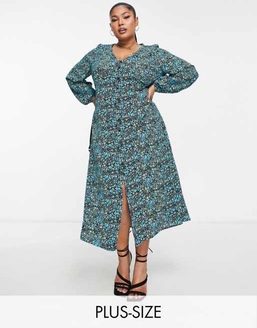 Vestido de tarde midi azul con estampado floral y mangas globo de QED London Plus