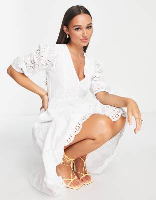 Vestido de tarde midi blanco con bordado inglés de algodón de French Connection - WHITE
