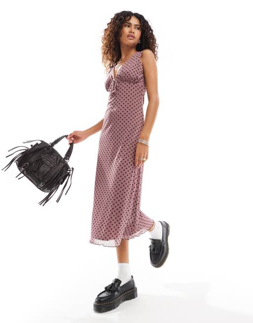 Vestido de tarde midi burdeos con estampado de lunares de Reclaimed Vintage