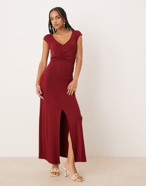 Vestido de tarde midi burdeos con mangas de casquillo y detalle en la cintura de ASOS DESIGN - view 1