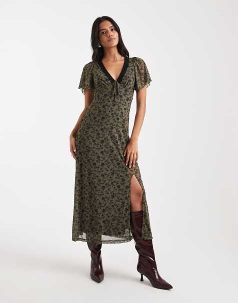 Vestido de tarde midi caqui con estampado de florecitas de malla de New Look - view 1