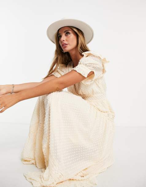 Vestido de tarde midi color crema cruzado en la parte delantera de plumeti con inserto de encaje de ASOS DESIGN - view 1