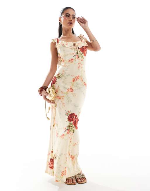 Vestido de tarde midi con estampado floral vintage, detalle de abertura y volantes de ASOS DESIGN