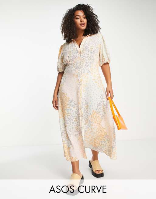 Vestido de midi de estilo camisero con estampado floral de tamaño y botones en la parte delantera ASOS DESIGN Curve | ASOS