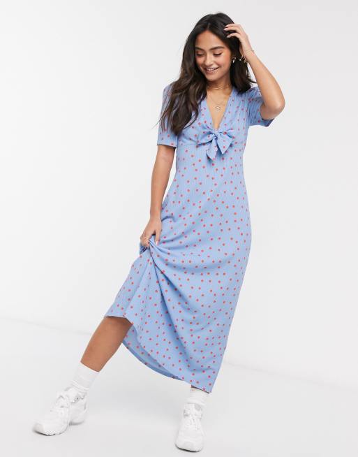 Vestido de tarde midi en azul y rojo con lazo delantero y estampado de lunares de ASOS DESIGN